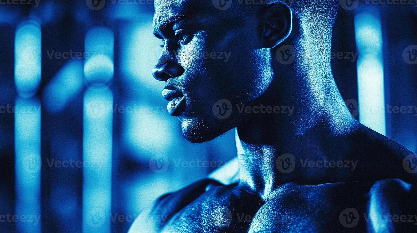 A man with a bodybuilde standing in front of a blue light photo