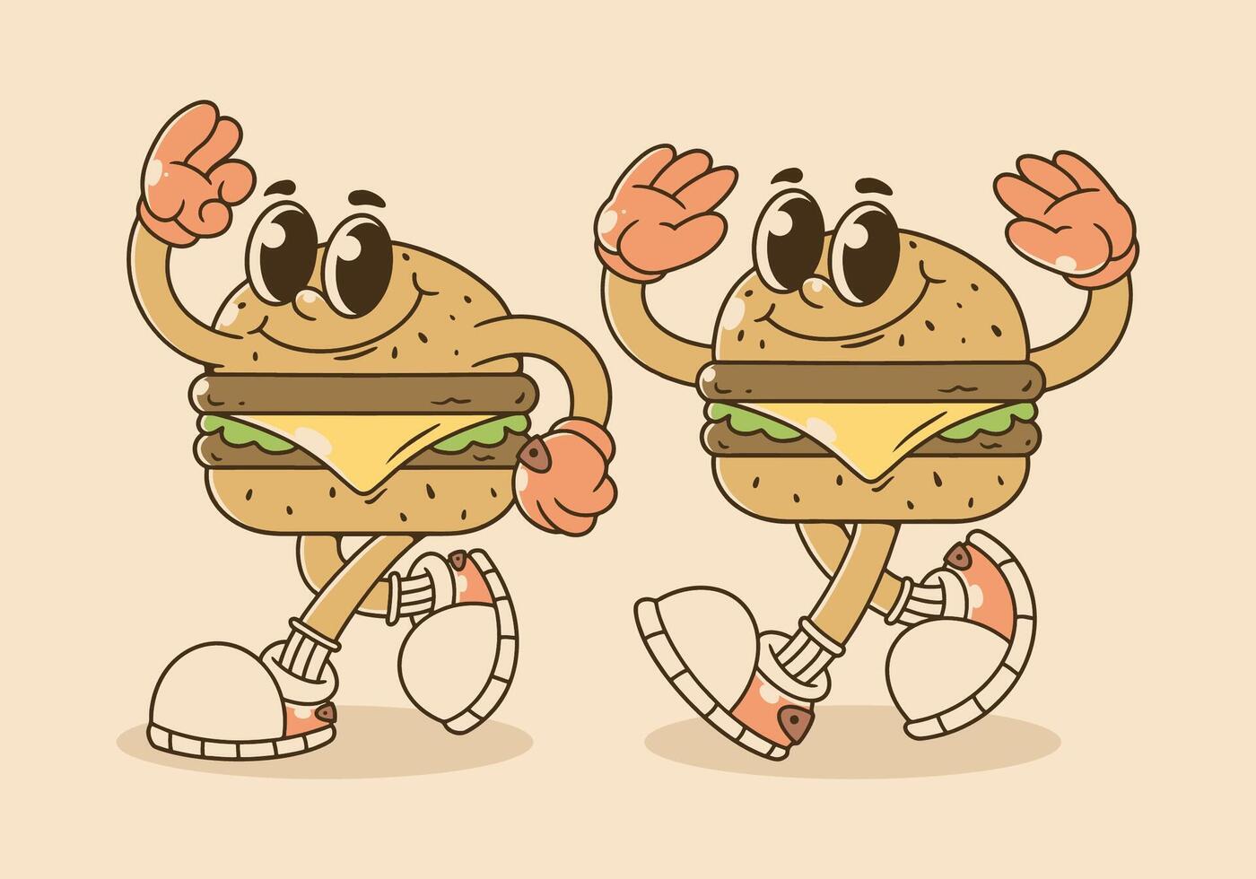 Full retro colors of two burger mascot character with happy face vector