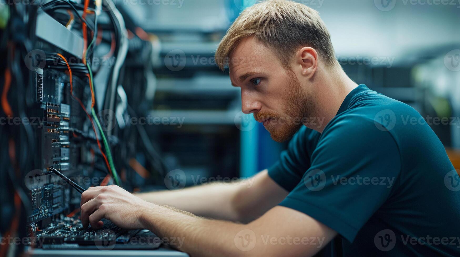 A man working on a computer in a server room photo