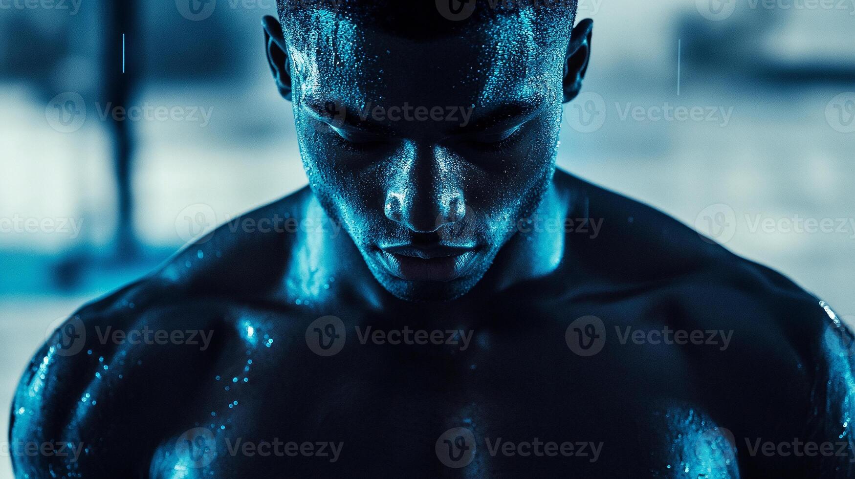 A man with no shirt on in the dark photo