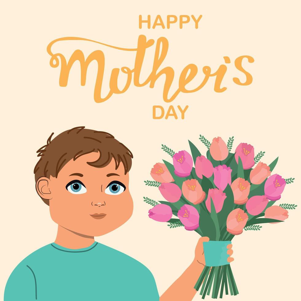 Card for mothers day with a boy holding bouquet vector