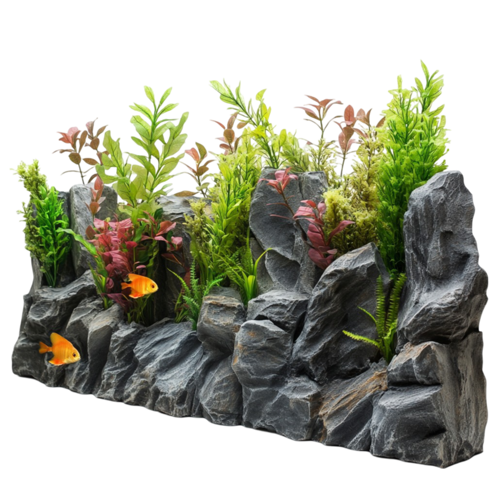 Aquarium Fish Tank with Rocks and Plants on Transparent Background png