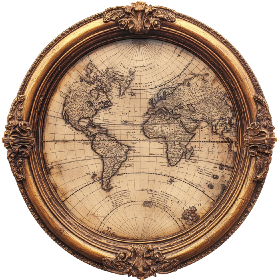 Vintage World Map in Wooden Frame on Transparent Background png