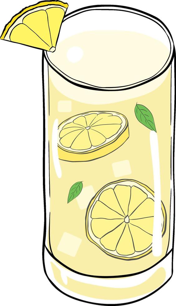Lemonade in glass with pieces of lemon and mint leaves. Graphic line ink illustration isolated non-alcoholic cocktail. vector