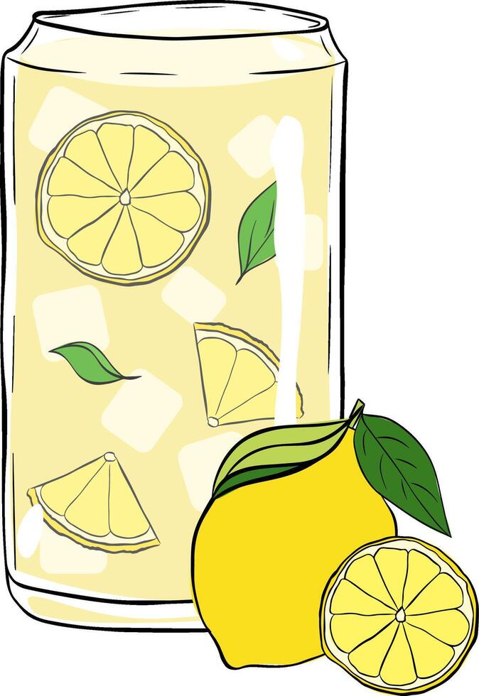 Lemonade in a glass with pieces of lemon and mint leaves. Graphic line ink composition. Isolated illustration Non-alcoholic cocktail. on white background. Summer chill drink. vector