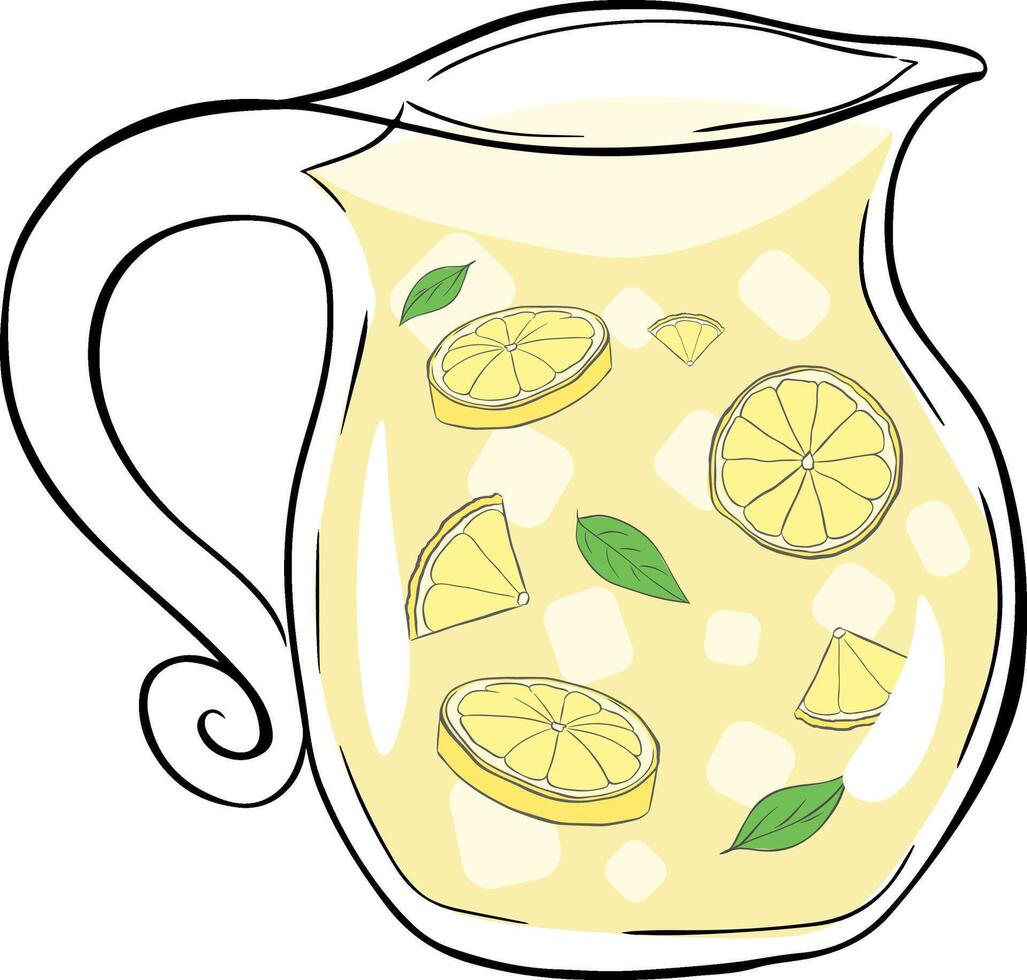 Lemonade in a transparent jug graphic line ink composition. lemons slices with leaves and ice illustration. isolated on a white background. vector