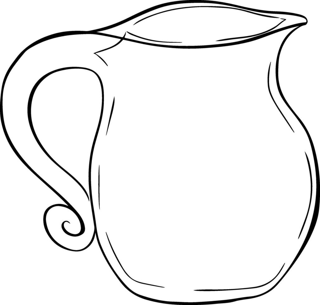 Transparent jug for lemonade or milk drinks graphic line ink illustration. isolated Glass jug in outline style on white background vector