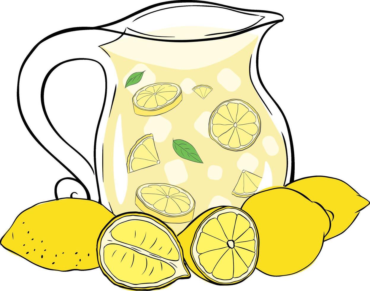 Lemonade in a glass jug with lemon slices and mint leaves composition. graphic line ink illustration isolated on transparent background vector