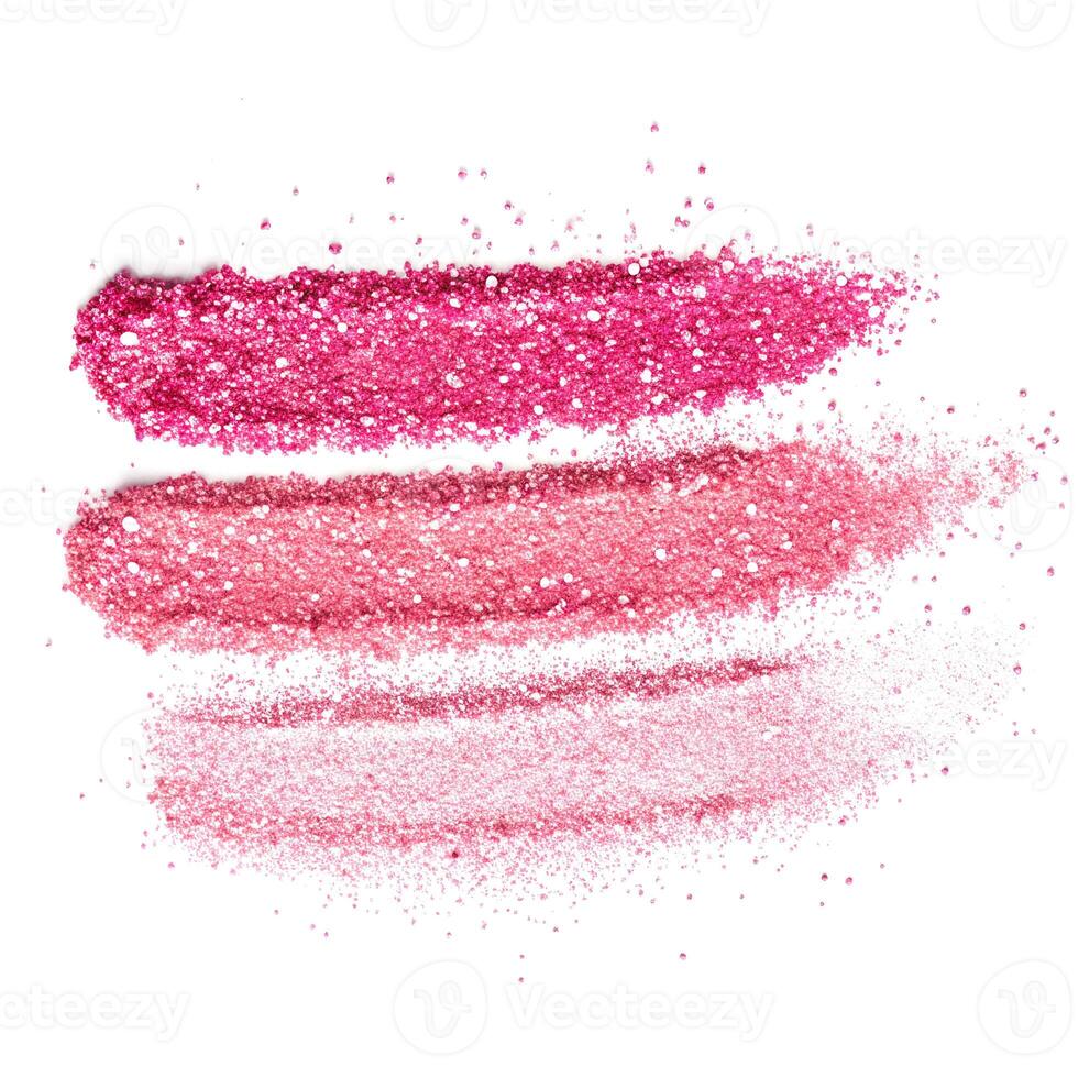 Three pink glitter texture strokes on white background photo