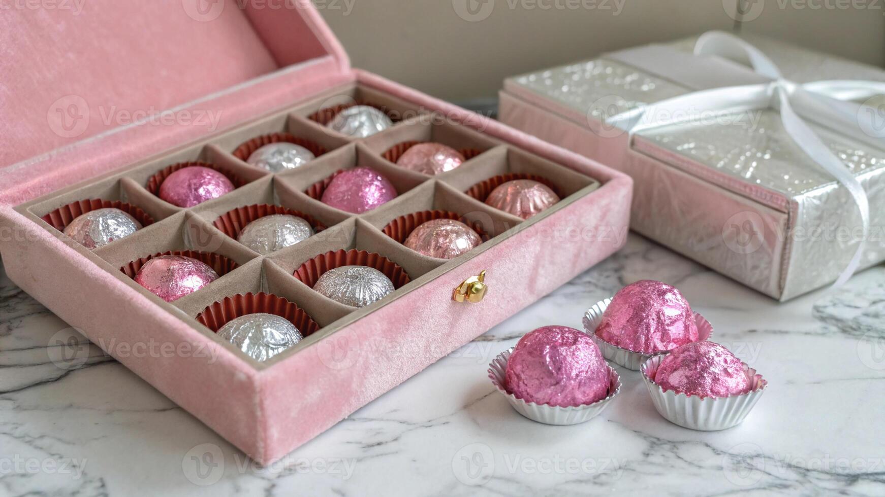 pink box with chocolate in shiny silver wrapper photo
