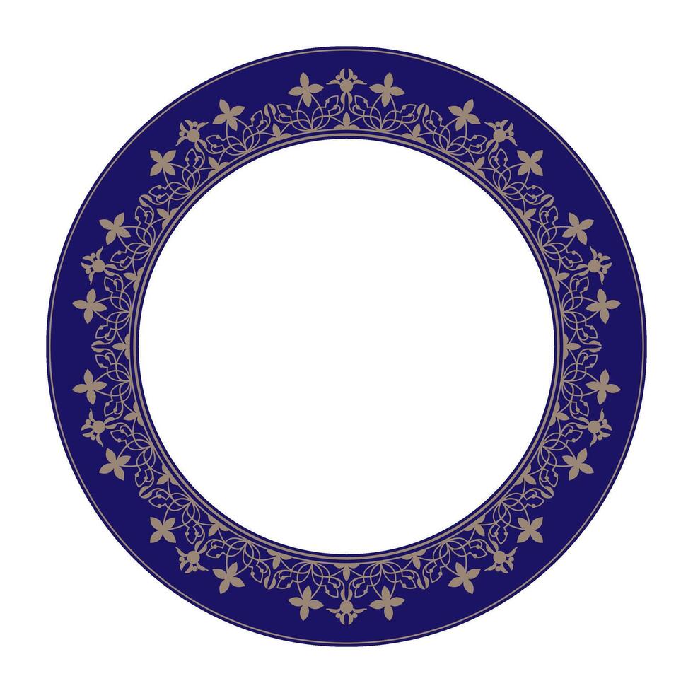 Vintage European round frame with arabesques. Blue gold plate. Vintage round ethnic frame with floral ornament. Pattern frame for round surfaces, textile, embroidery, porcelain, embroidery vector