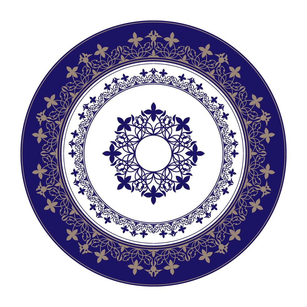 Decorative round frame arabesque. Blue gold plate with lace design. Vintage, ethnic frame with arabesques. Pattern frame for round surfaces, household utensils, textiles, porcelain, embroidery. EPS vector