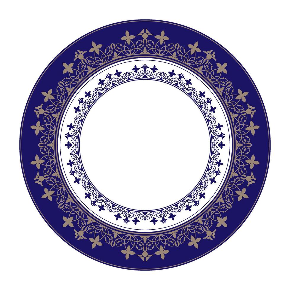 Beautiful round frame with arabesques and stars. Vintage European Blue gold plate with floral ornament. For round surfac, textile, embroidery, porcelain, sandblast, laser cutting, engraving, ceramics vector