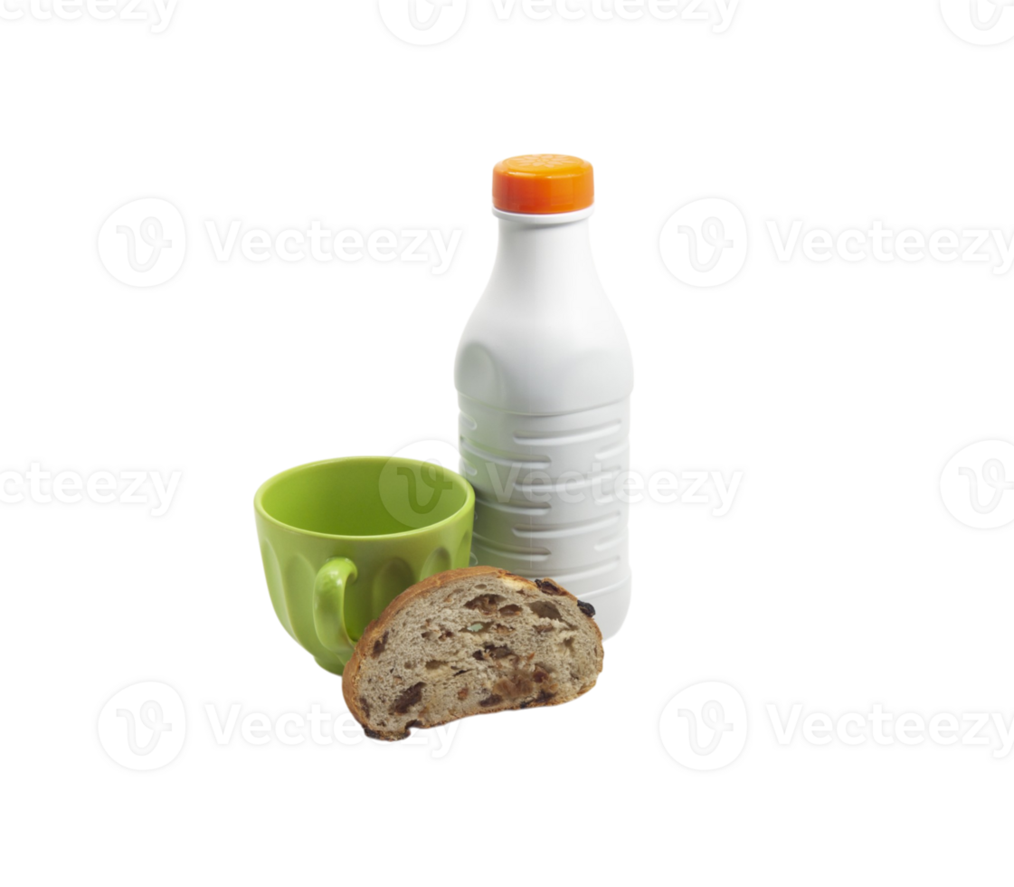 Simple breakfast with milk bottle, green cup and slice of bread with raisins, isolated on transparent background png