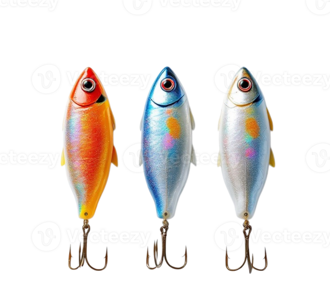 Three different colored lures on a hook png