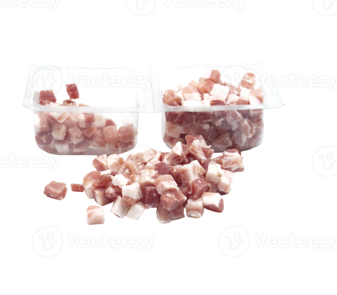 Small pieces of diced bacon spill out of a plastic tray, ready for cooking or adding flavor to dishes png