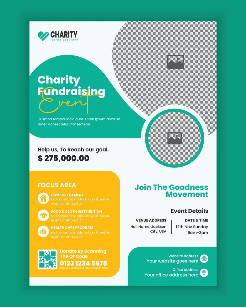 Charity activities and donation event A4 size flyer design template or fundraising poster, handbill design, donation collection for charity poster design vector