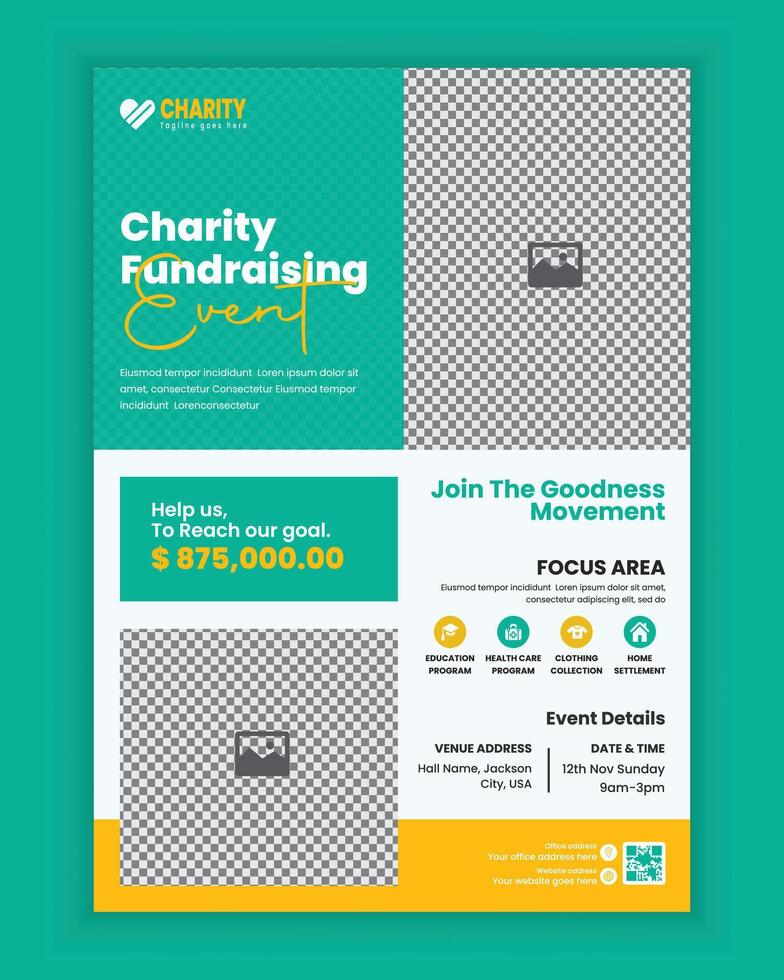 Charity activities and donation event A4 size flyer design or fundraising poster, and leaflet design, charity poster design for donation collection vector