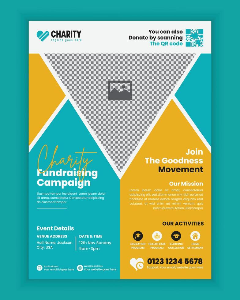 Charity activities and donation event A4 size flyer design template or fundraising poster, handbill and leaflet design, charity poster design vector