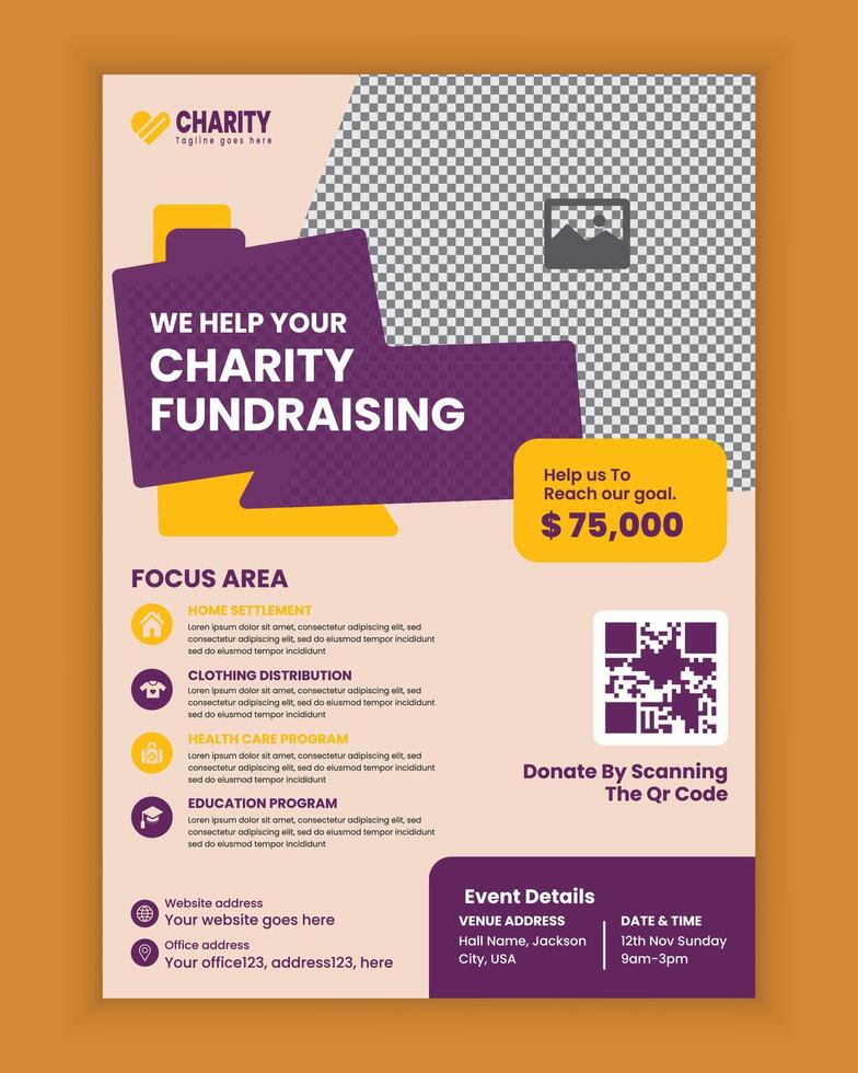 Charity activities and donation event A4 size flyer design or fundraising poster, and leaflet design, poster design for donation collection vector