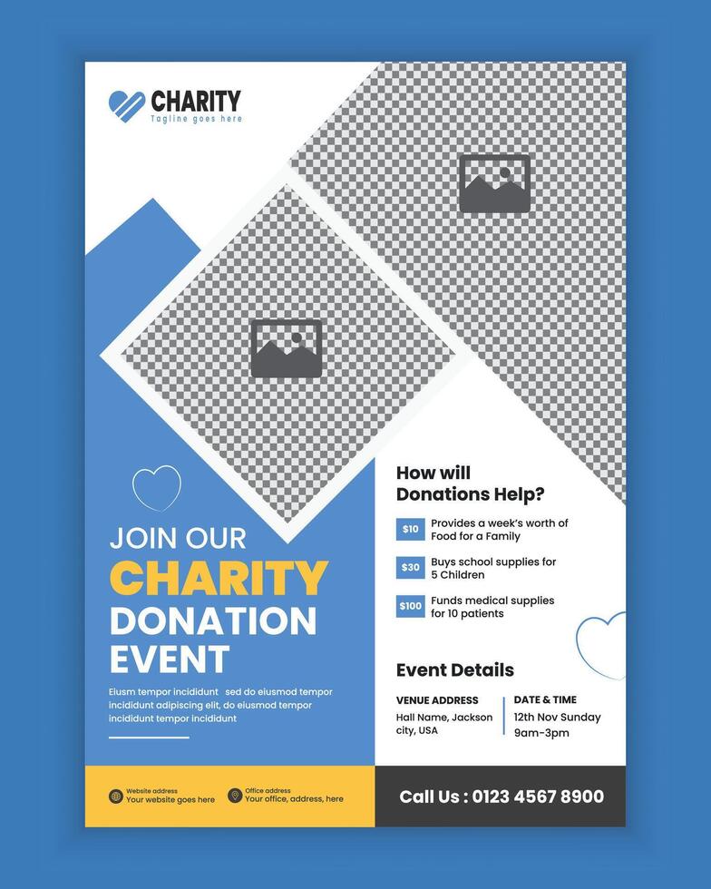 Charity activities and donation event A4 size flyer design template or fundraising poster, and leaflet design, charity poster design for donation collection vector