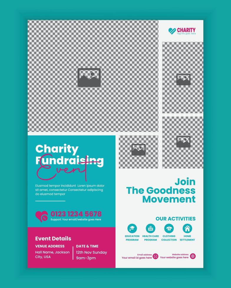 Charity activities and donation event A4 size flyer design or fundraising poster, and leaflet design template, poster design for donation collection vector