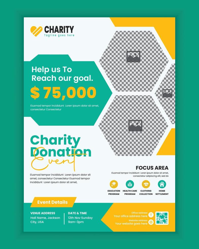 Charity activities and donation event A4 size flyer design template or fundraising poster, and leaflet design, donation collection for charity poster design vector