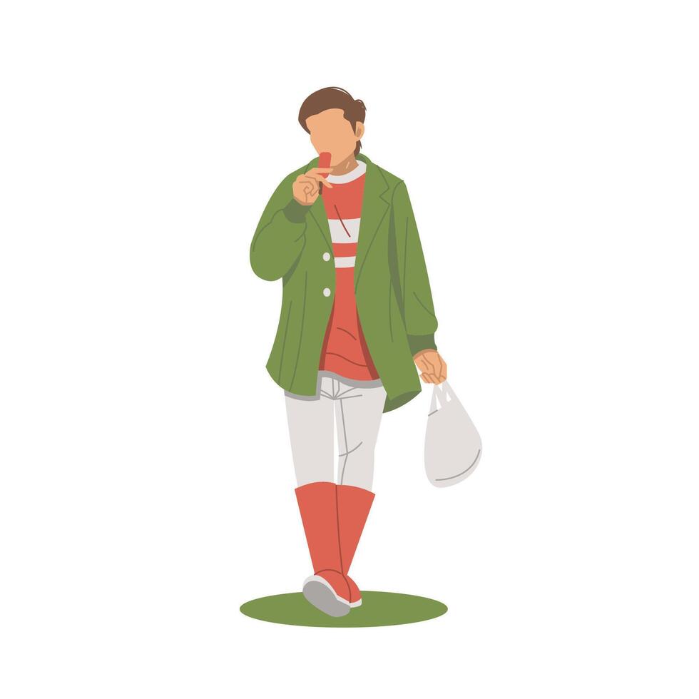 Printportrait of man walking while eating ice cream while carrying a plastic bag flat design vector