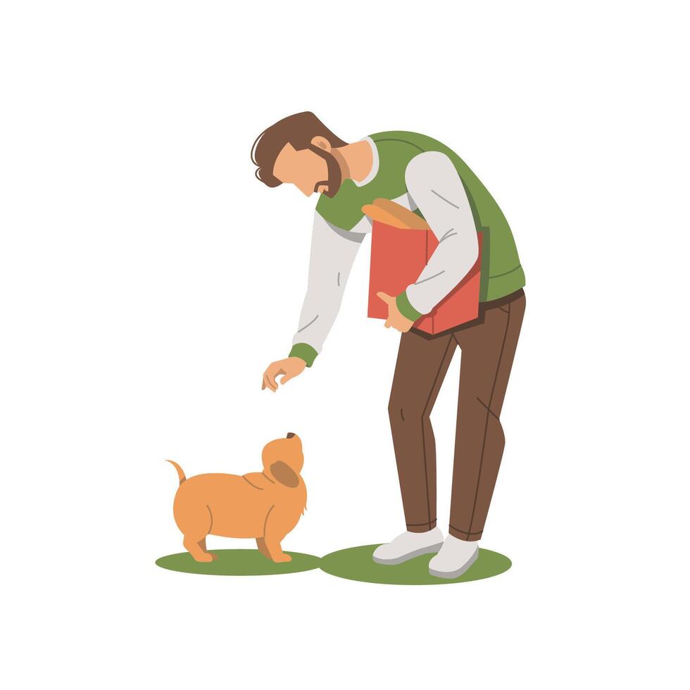 portrait of man carry bread and playing with dog flat design vector