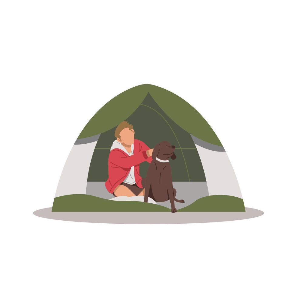 portrait of man camping with his dog flat design vector