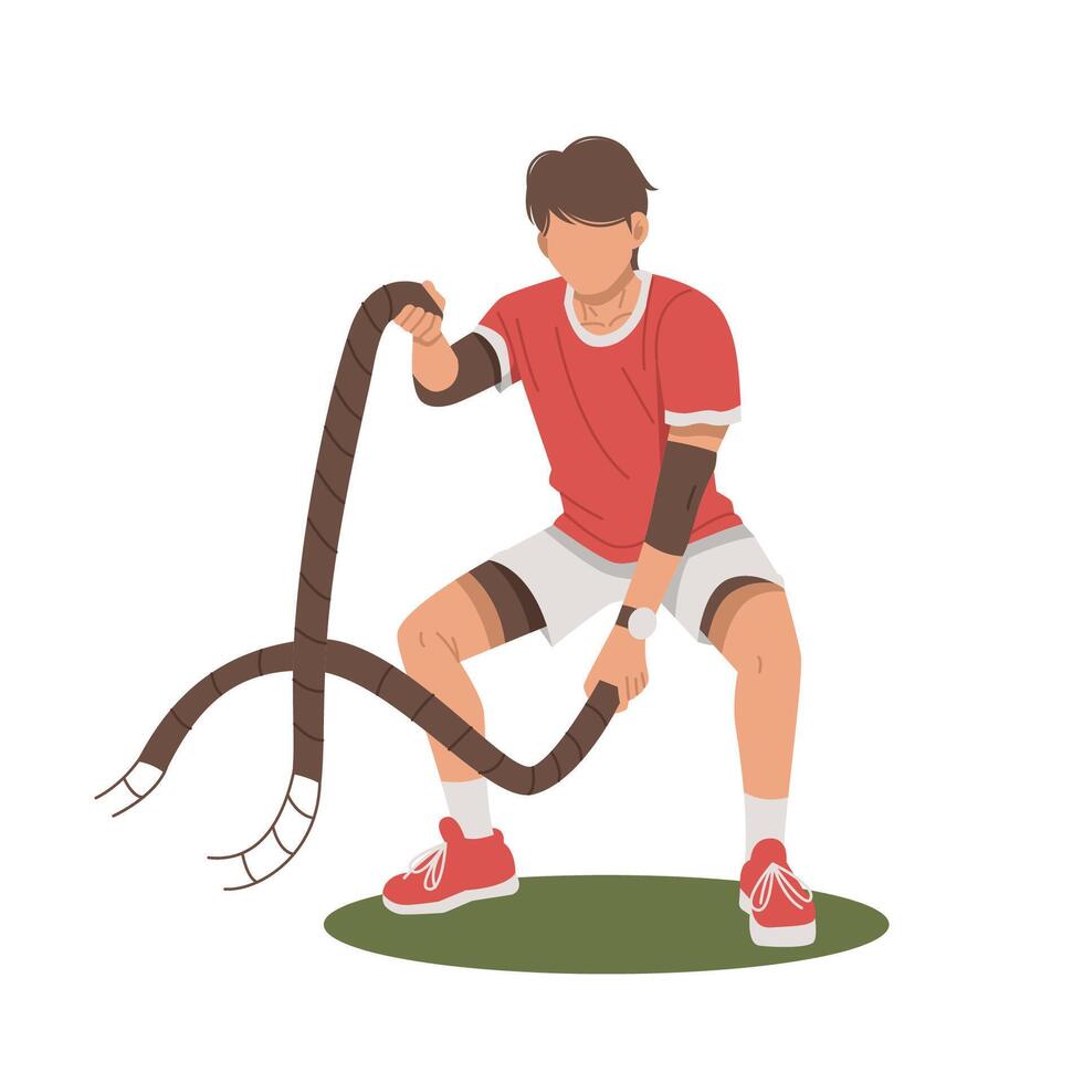 portrait of fit man doing rope training flat design illustration vector
