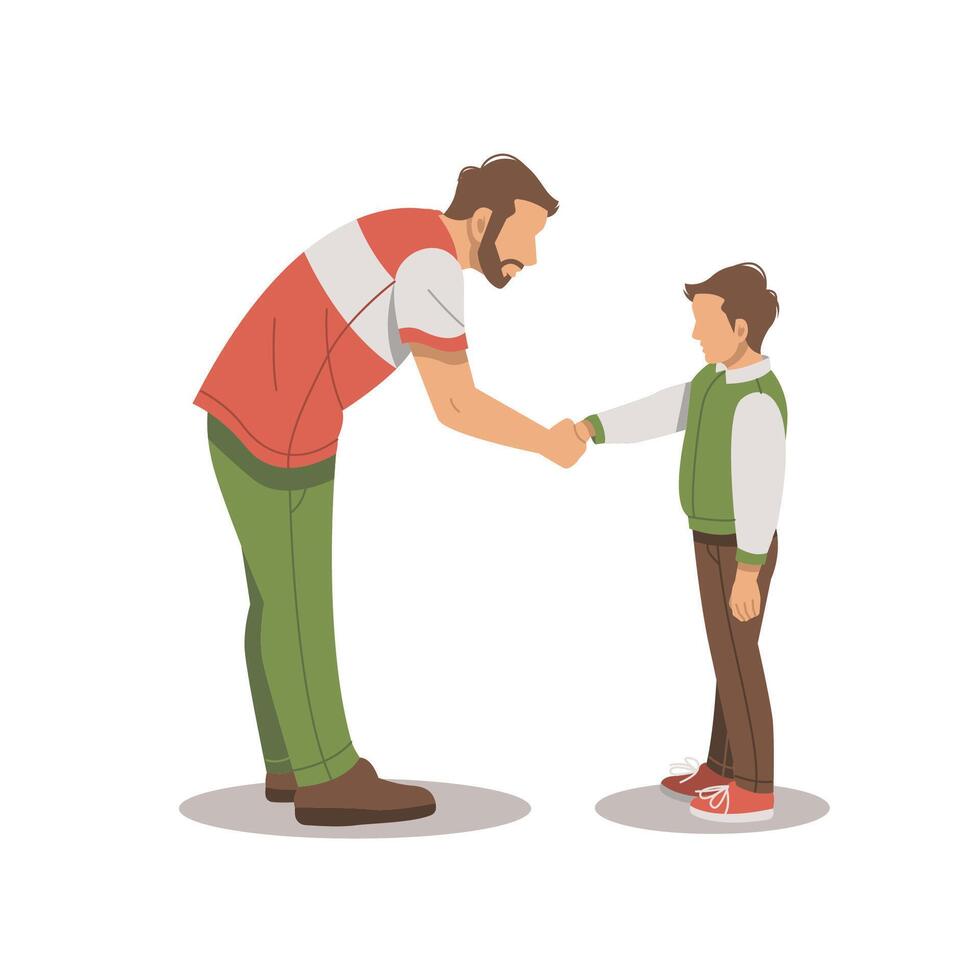 portrait of man bends down shaking hands with boy flat design vector