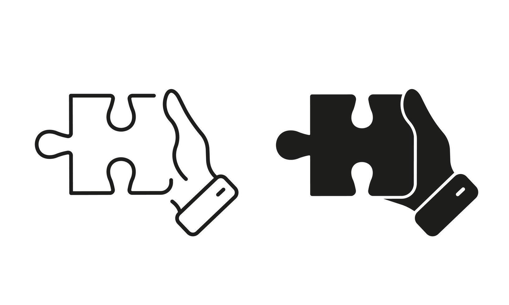 Jigsaw Piece in Human Hand Icon. Successful Teamwork, Cooperation, Togetherness Pictogram. Puzzle Match, Problem Solving Sign. Editable Stroke. Isolated Illustration vector