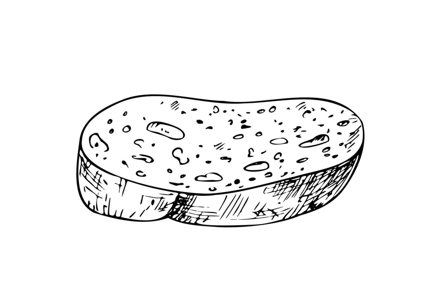 slice of bread, bakery. Graphic ink loaf food, whole grain bread, ciabatta, brown homemade, baguette. Bun illustration isolated on background. Hand drawn line sketch. For designers, prints vector