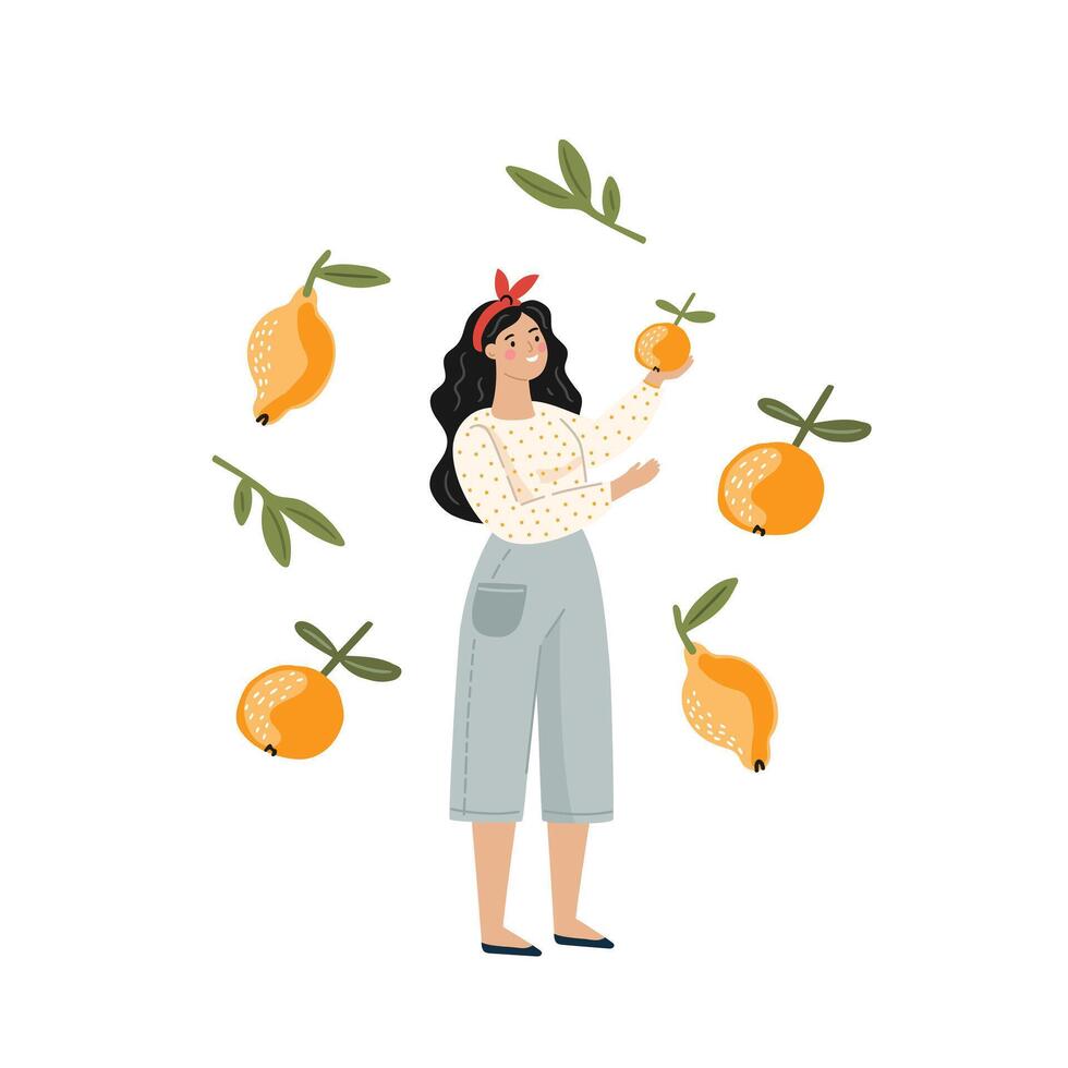 girl with yellow fruits on white background, flat illustration vector