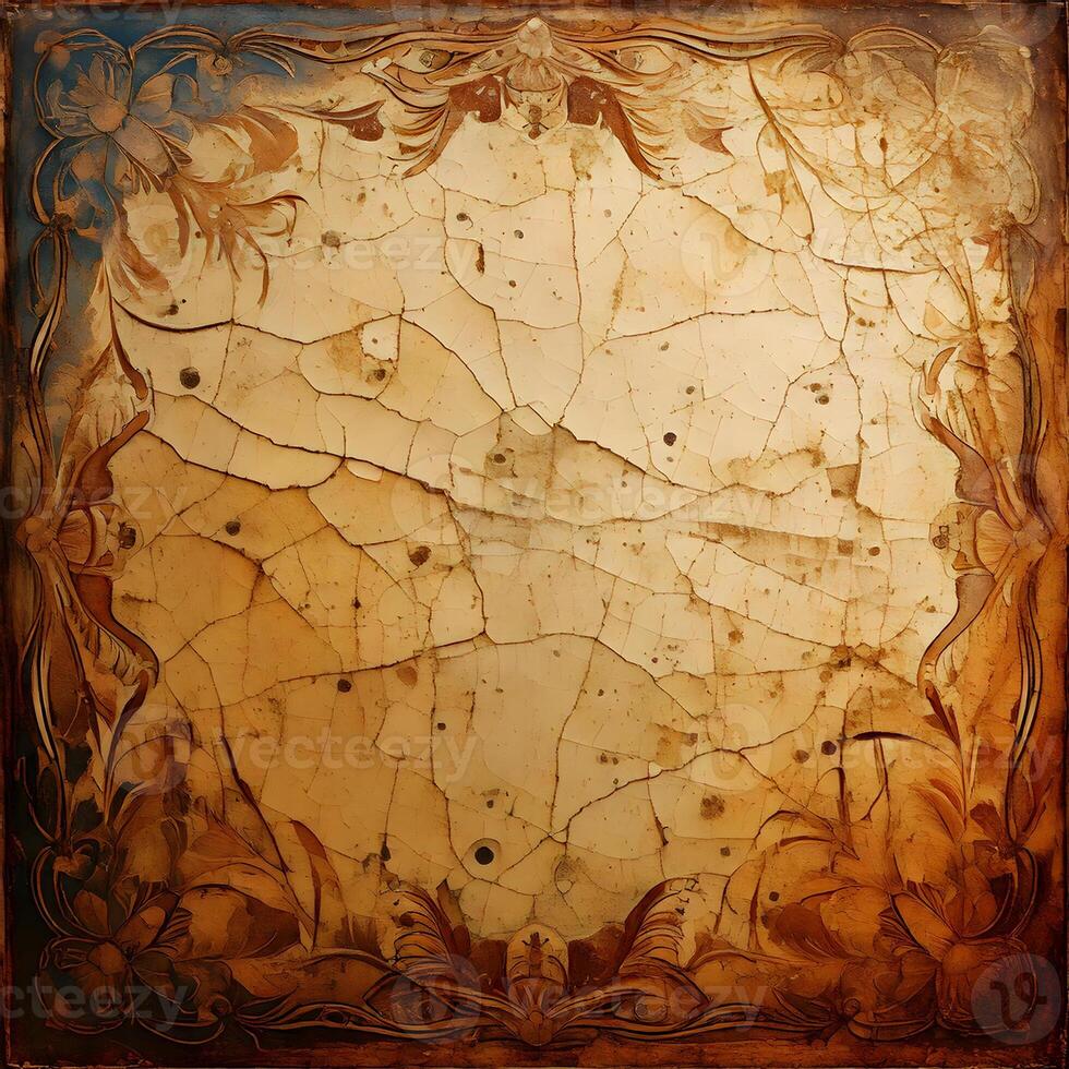 An old, cracked, wooden frame with flowers and leaves photo