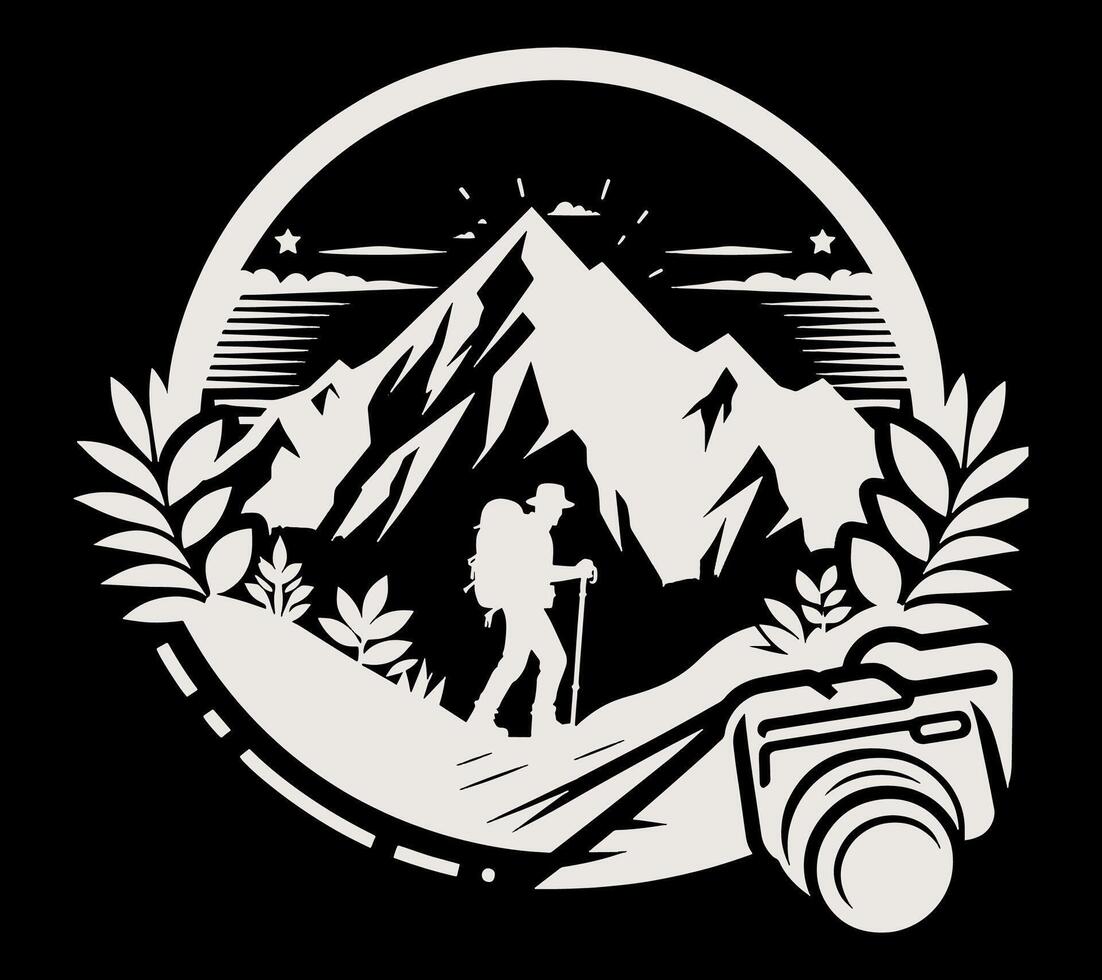 A logo with a man and a camera in the mountains vector