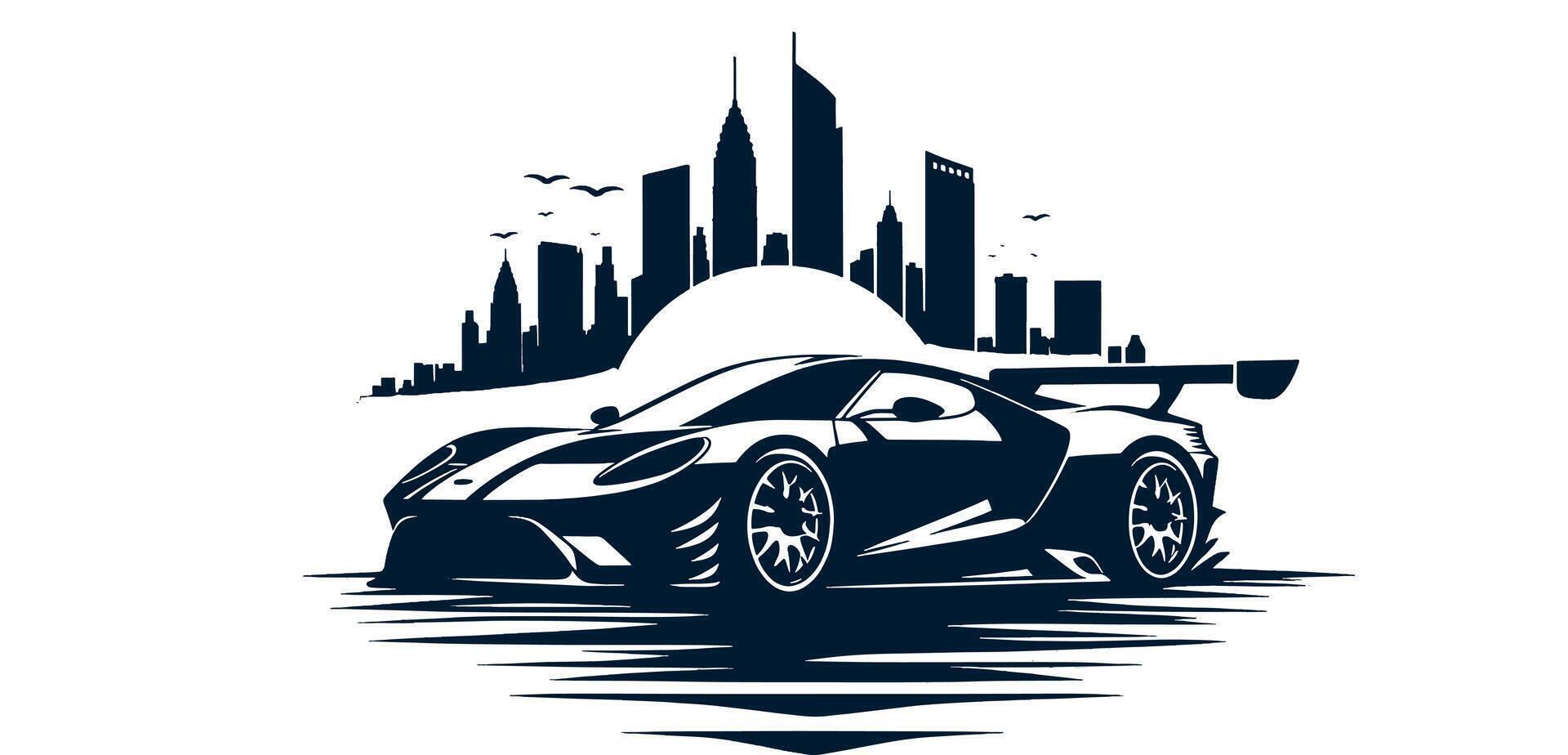 A black and white car with the city in the background vector