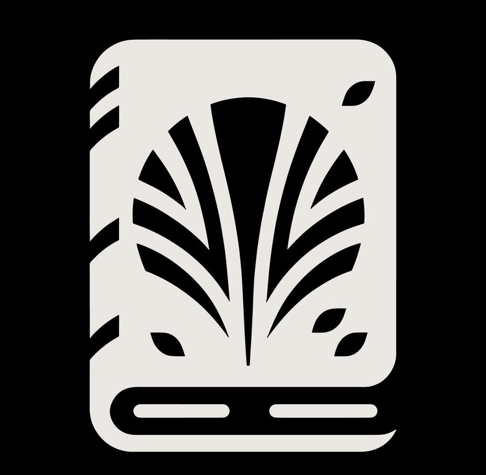 A black and white illustration of a book with a leaf on it vector