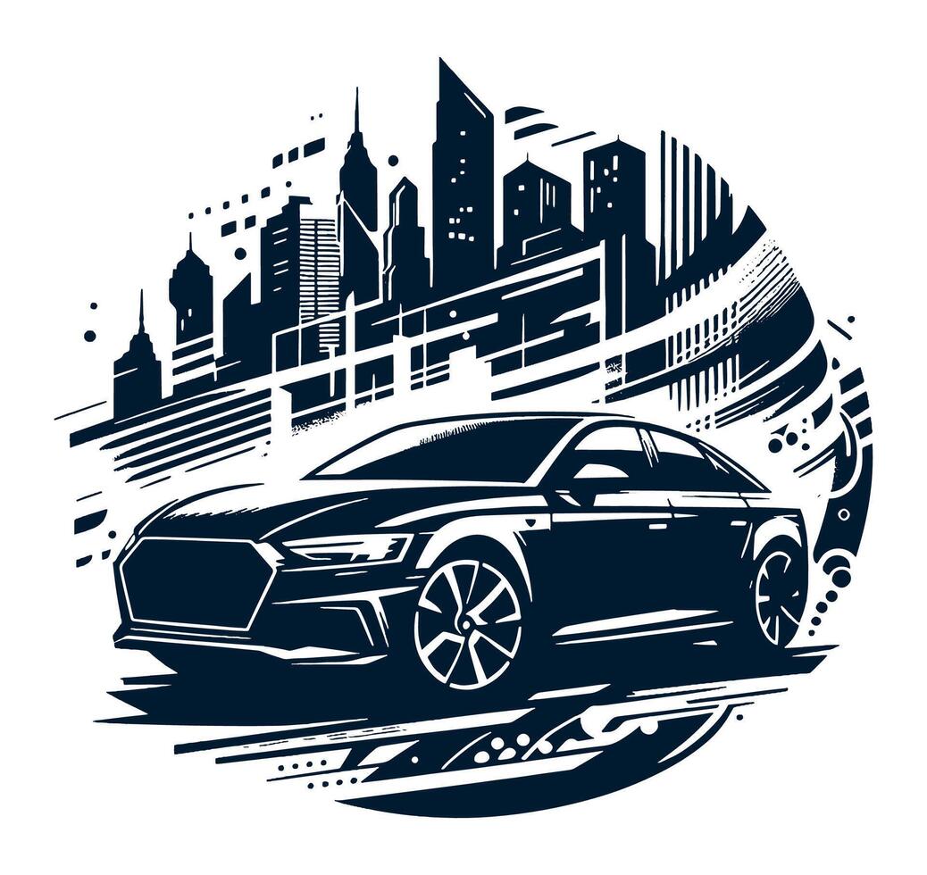 The car is driving through the city on a white background vector