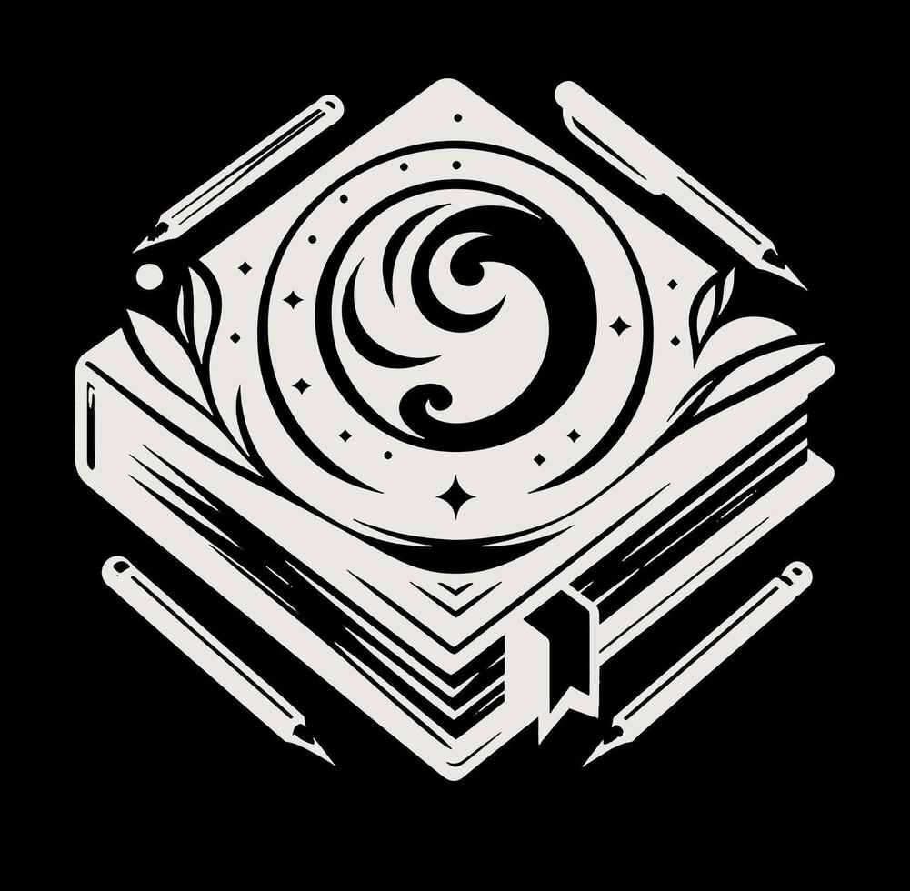 A black and white logo with a book and a star vector