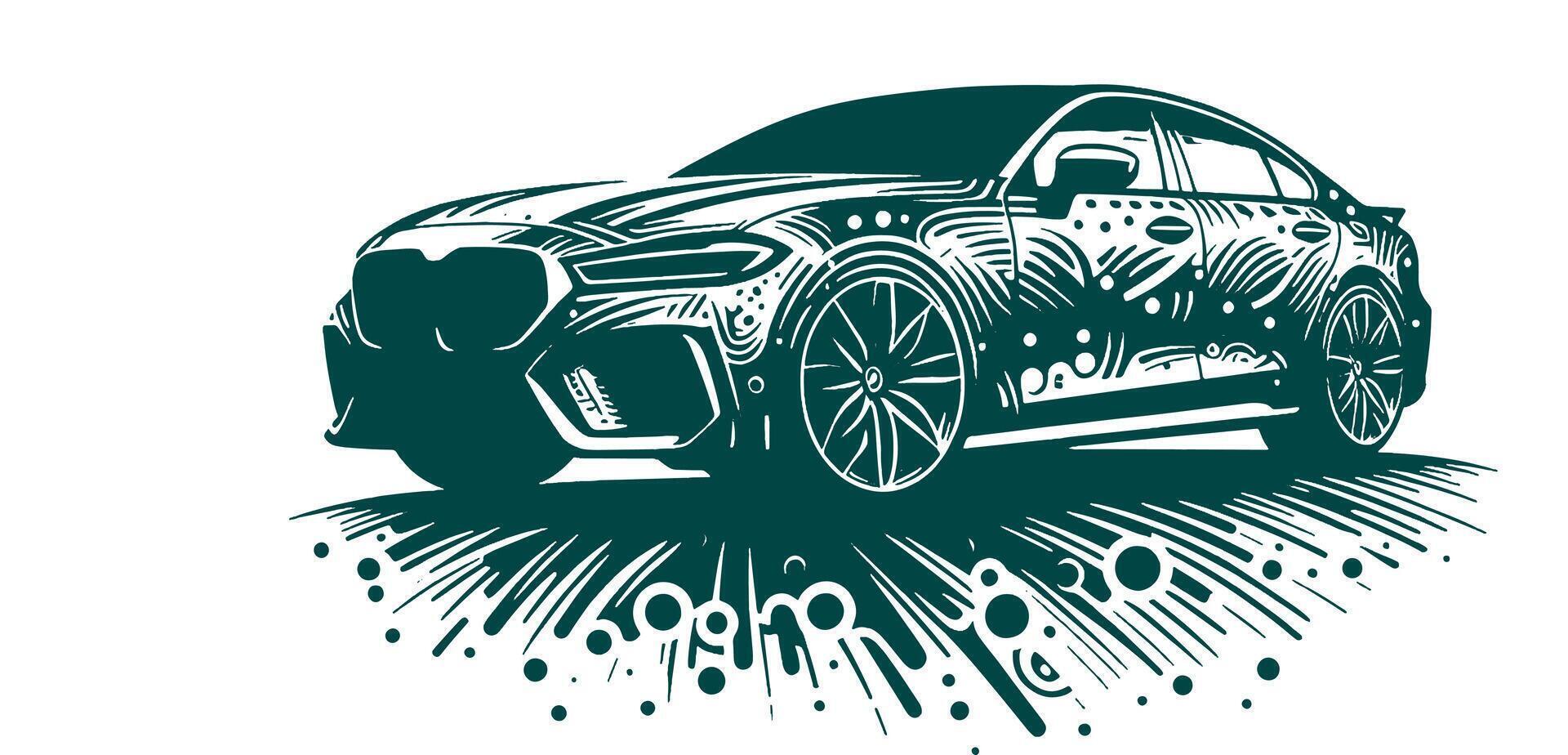 A car is shown in a drawing style on white. vector