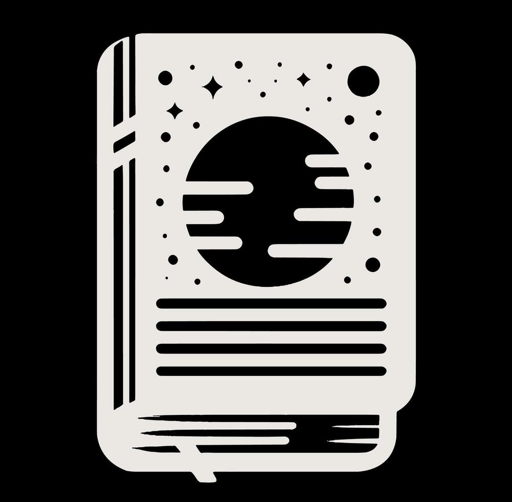A black and white illustration of a book with a planet in the background vector