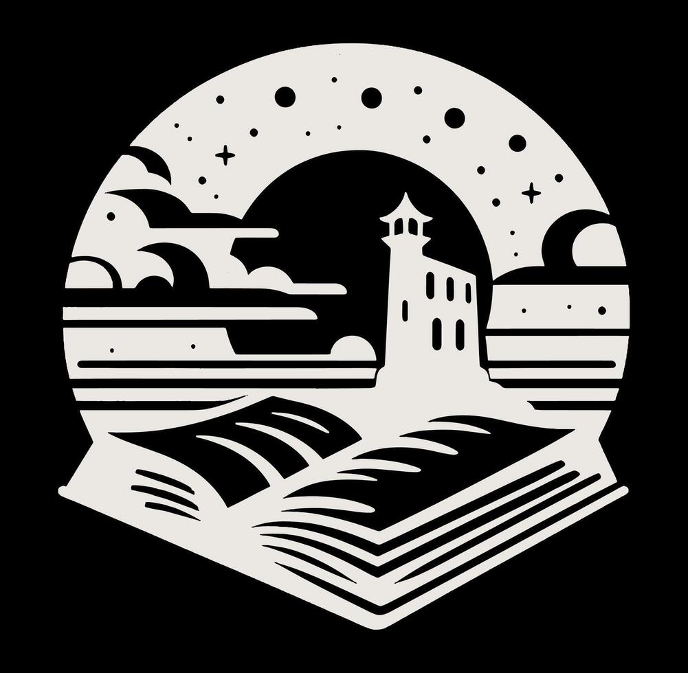 An open book with a lighthouse in the background vector