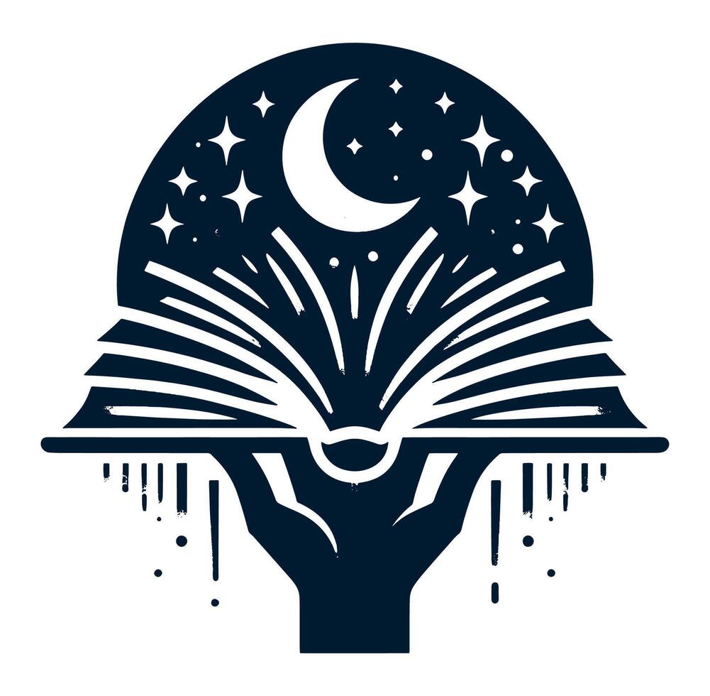 A hand holding an open book with a moon and stars vector