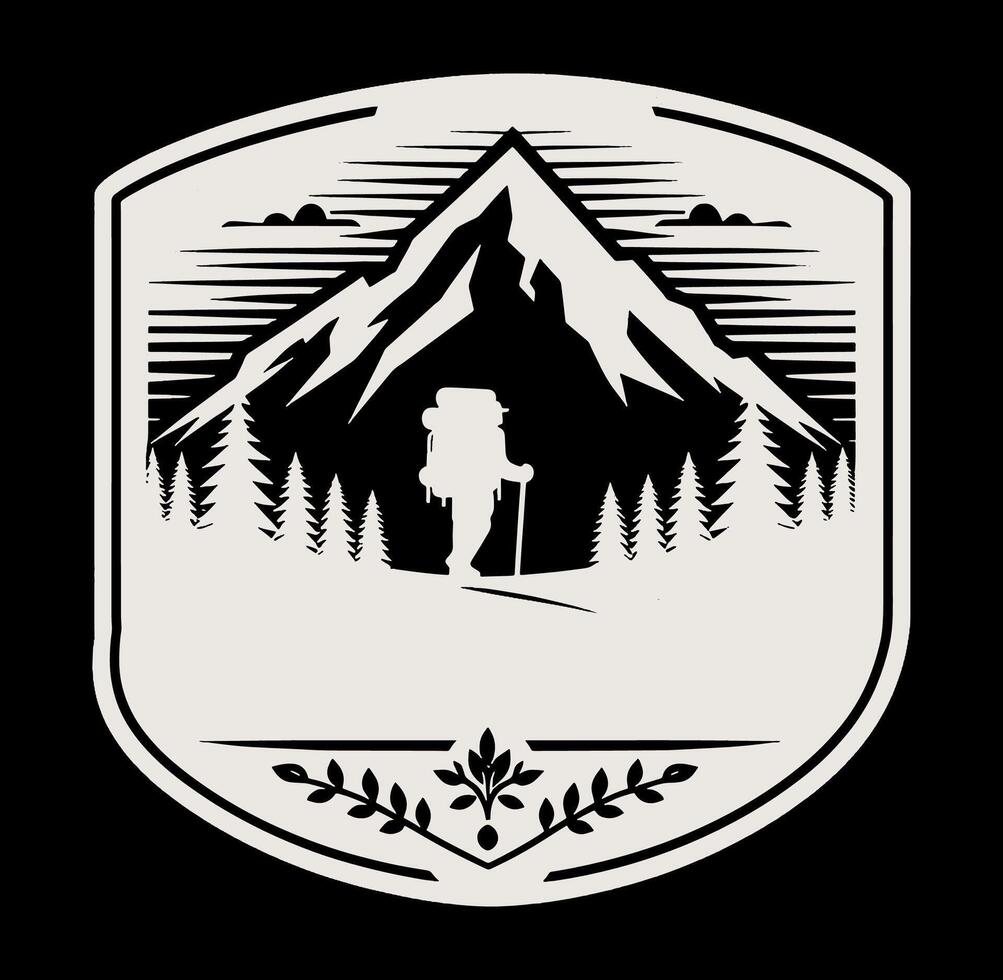 A black and white logo with a mountain and a man vector