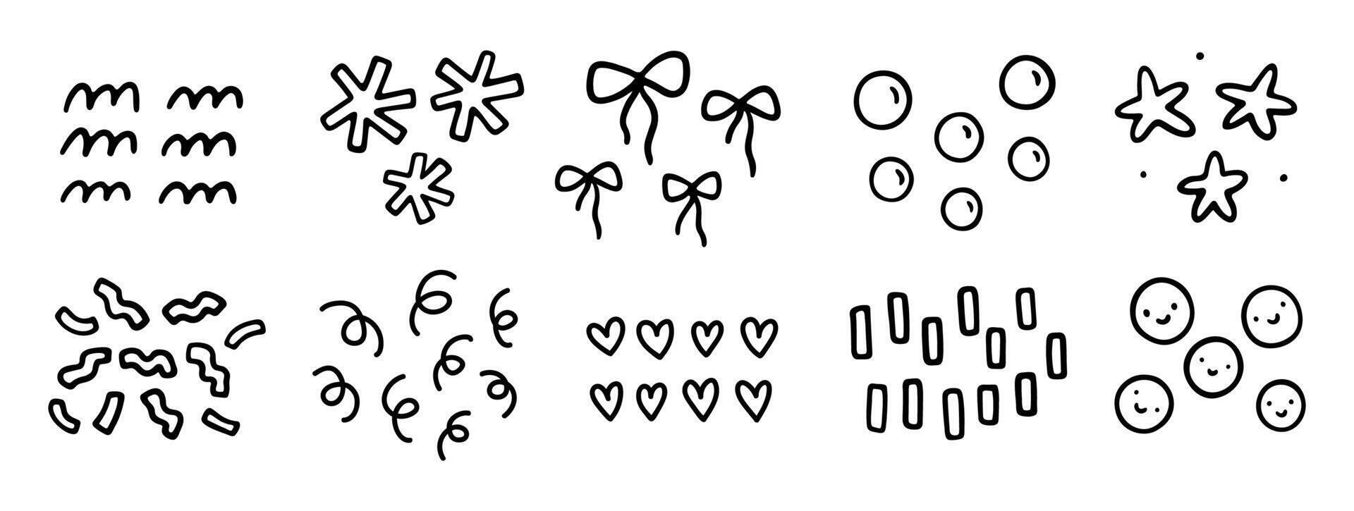 Cute decorative design elements. Abstract squiggles of different shapes - stars, hearts, confetti, bows, bubbles, waves. hand-drawn doodle illustration isolated on a white background. vector