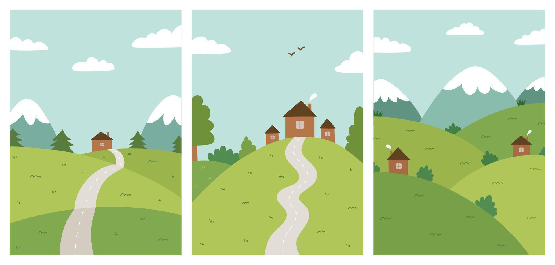 A set of spring and summer landscapes with mountains, clouds, fields, houses. hand-drawn illustrations in flat style. Beautiful cartoon backgrounds with nature. Perfect for cards, banners. vector