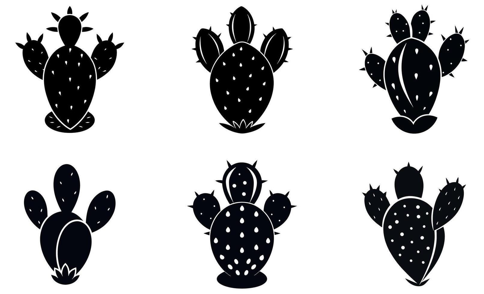 This image showcases six black silhouette icons of prickly pear cactus. vector