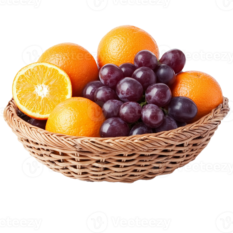 Fruit in wicker basket oranges and grapes png